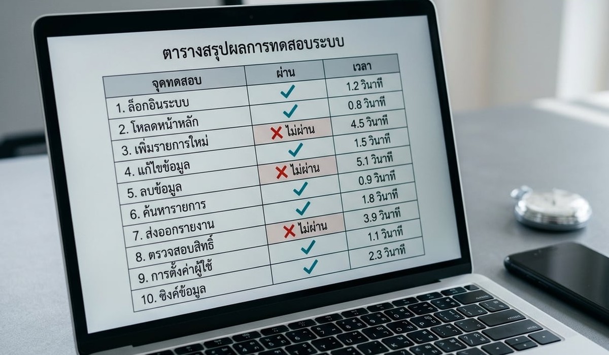 หน้าจอแล็ปท็อปแสดงตารางผลทดสอบเว็บหวยออนไลน์ ข้างมือถือสองเครื่องและนาฬิกาจับเวลาบนโต๊ะทำงาน